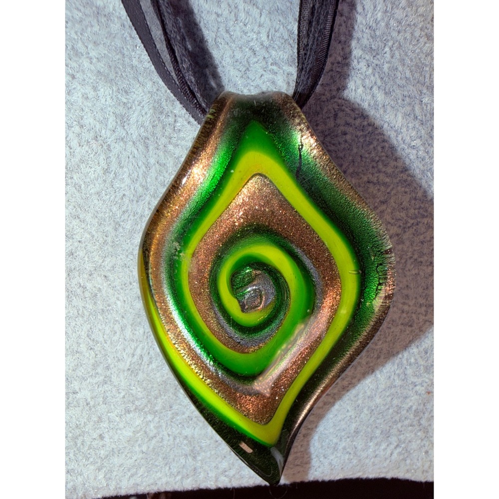 Lampwork Unique Green Bronze Swirl Glass Diamond Pendant Necklace‎ Ribbon 16"